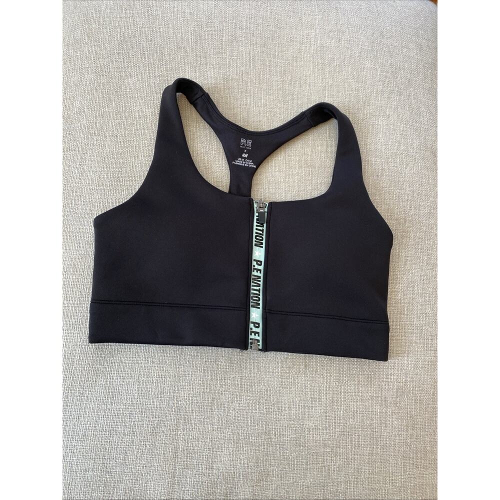 P.E Nation X H&M M Black Sports Bra Lightly Padded Athletic High Support Zip